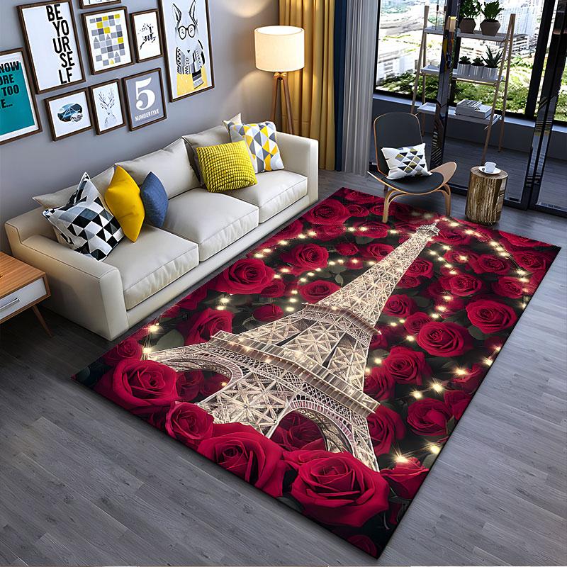 Eiffel Tower with Red Roses suitable as a non-slip mat for the living room or bedroom sofa