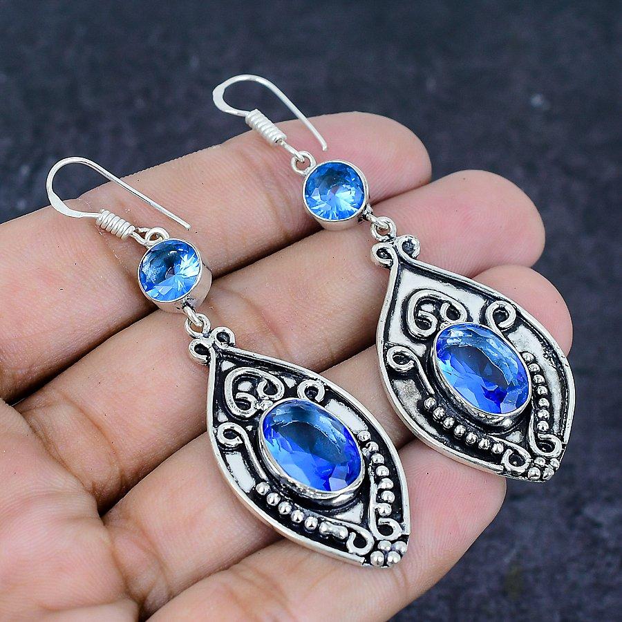 Swiss Blue Topaz Gemstone 925 Sterling Silver Earring 2.76"