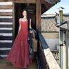 Red Plaid Suspender Dress for Women's Summer Sexy Retro Temperament Thin Waist Long Dress