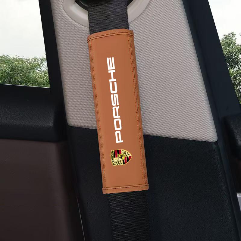 2Pc Leather Car Seat Belt Safety Shoulder Pad Protection Cover For Porsche Cayman 911 718 Cayenne Panamera Macan Taycan Boxster