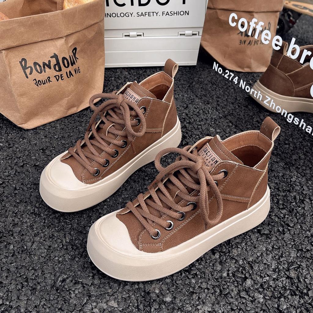 Yueyu leather wear-resistant high-top shoes women's 2025 autumn new retro soft-soled women's shoes versatile sports and leisure board shoes