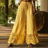Women's Fashion Color Loose Linen Feel Wide Leg Pants with Lace Trim, Casual Trousers