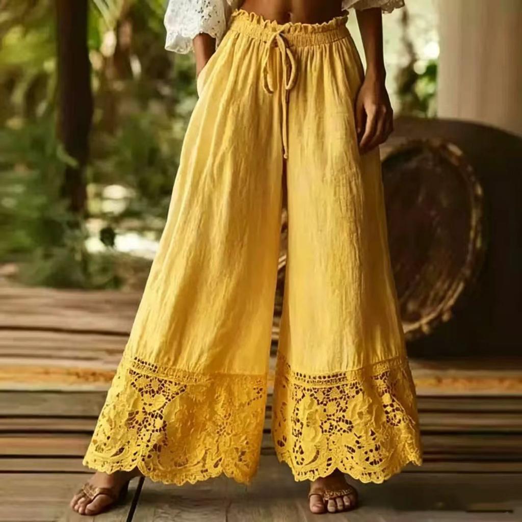 Women's Fashion Color Loose Linen Feel Wide Leg Pants with Lace Trim, Casual Trousers