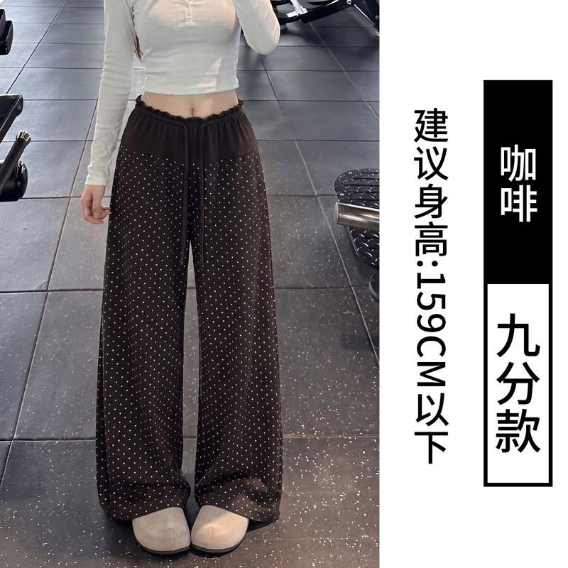 Womens High Waist Polka Dot Loose Casual Drawstring Wide Leg Pants