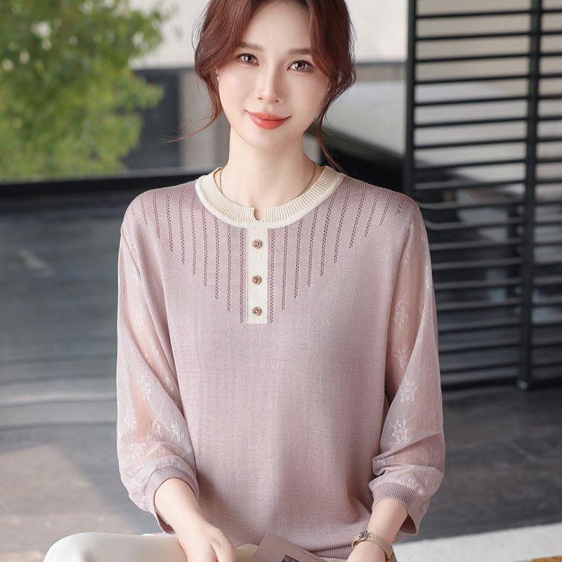 

2026 Spring Fashion: Gauze Sleeve T-shirt, Lightweight Knit, Base Layer Top for Moms, Perfect for Middle-aged & Elderly Women 2XL (125-135 lbs)