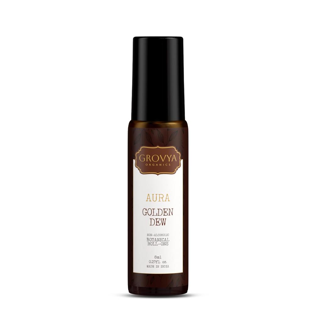 Grovya Organics Aura Golden Dew Roll-On | Natural Floral Perfume Oil with Rose & Mimosa Extracts | Alcohol-Free, Skin-Friendly & Long-Lasting Fragra
