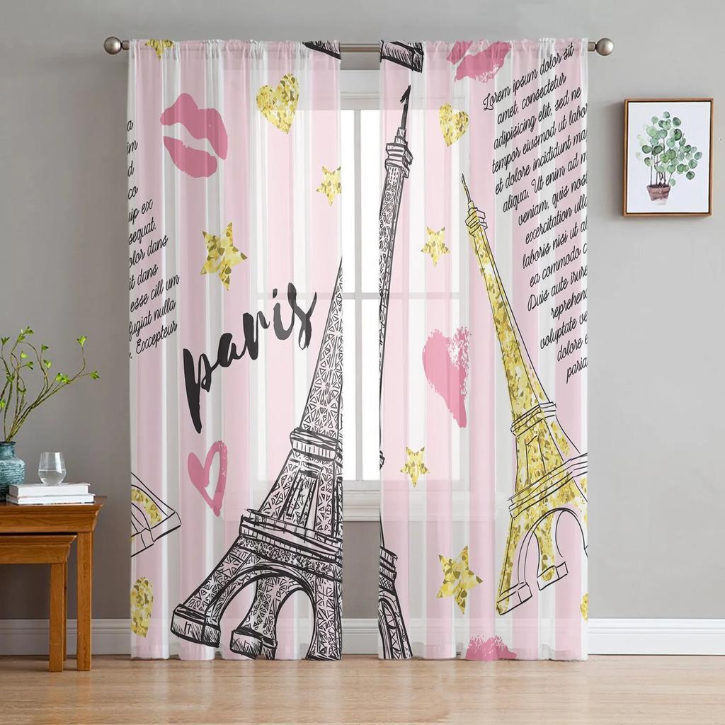 Red High Heels Eiffel Tower Butterfly Tulle Curtains for Bedroom Modern Voile Curtains Home Decoration Window Curtains