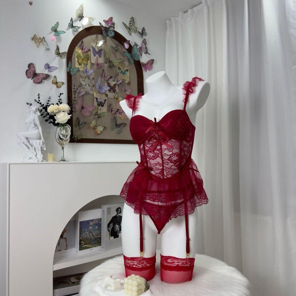 Flounce Lace Lingerie Women Bowknot See Through Night Dress Sweet Lace Sling Nightdress Sleep