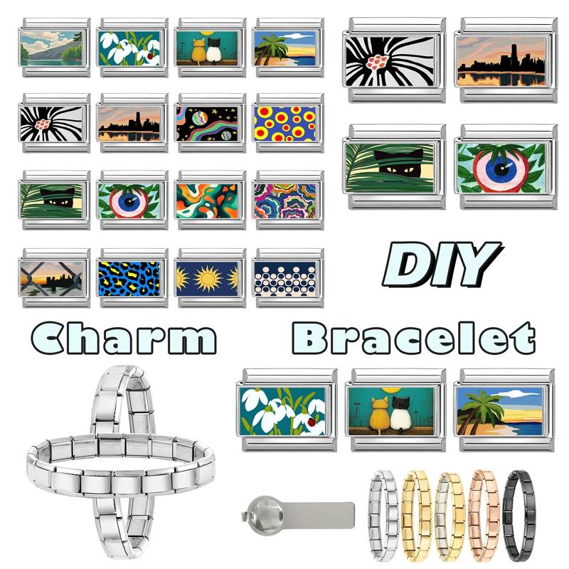 Romantic Sunset Scenery Funny Cat Flower Eyes Italian Charm Link Fit 9mm Stainless Steel Bracelet Women Making DIY Jewelry