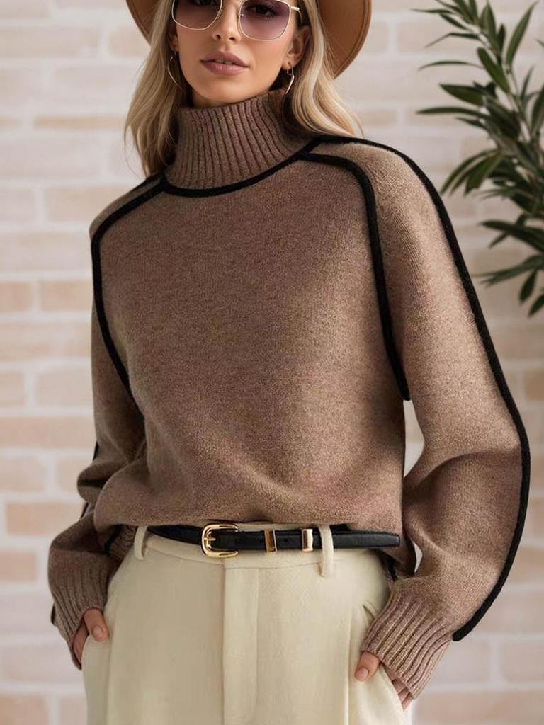 Herbst Winter Rollkragen Gestreifter Strickpullover Damen Lockerer Pullover