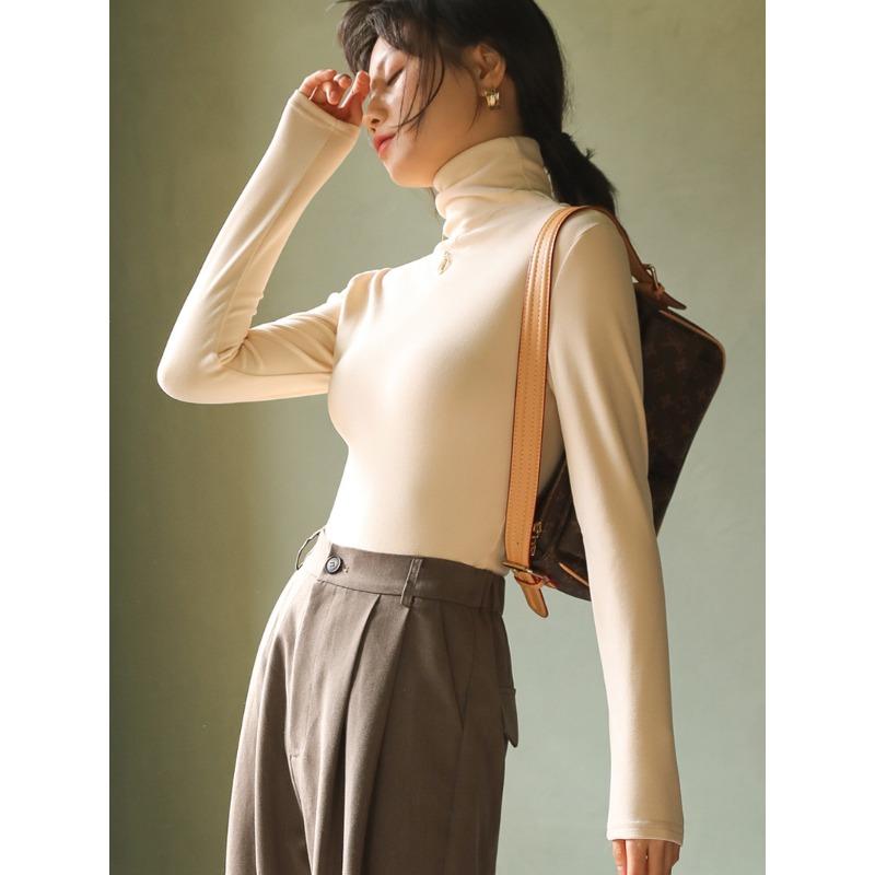Solid Color German Velvet Stacked Turtleneck Bottoming Shirt for Women, Autumn and Winter Velvet Thickened Long-sleeved Bottoming Shirt, Tight Shirt