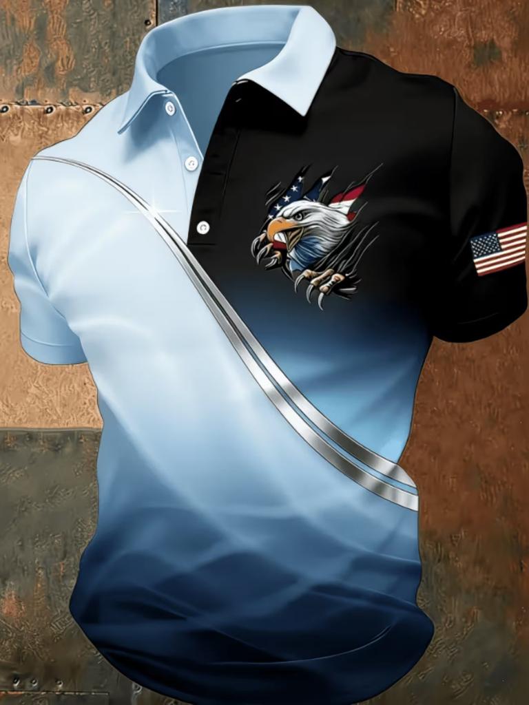 Patriotic Eagle Flag Print Short Sleeve Polo Shirt, Casual Men's Top