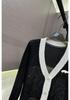 Trendy European Knit V-Neck Cardigan with Embroidered Patch and Contrasting Edges