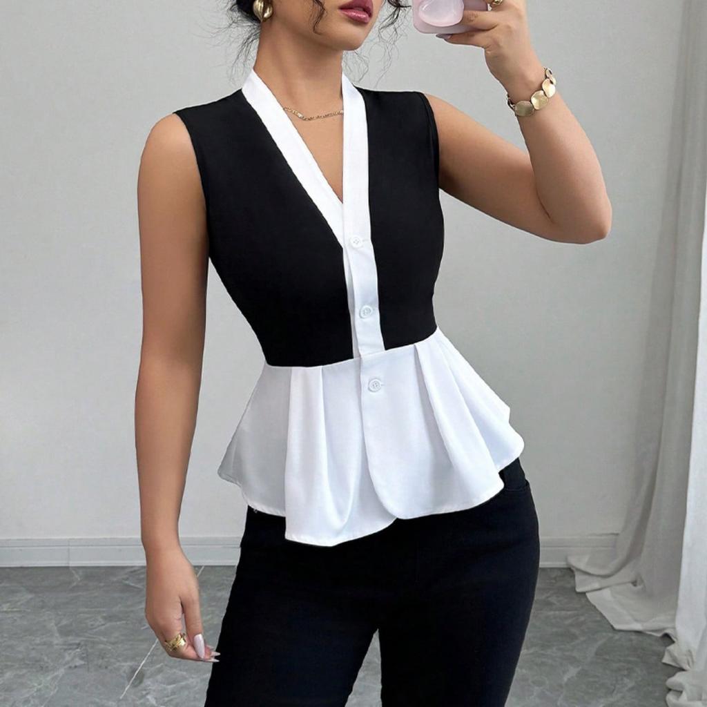 Summer New Women's Sleeveless Shirt, European American Commuter Style Fake Two-piece Cardigan Blouse Leisure Women