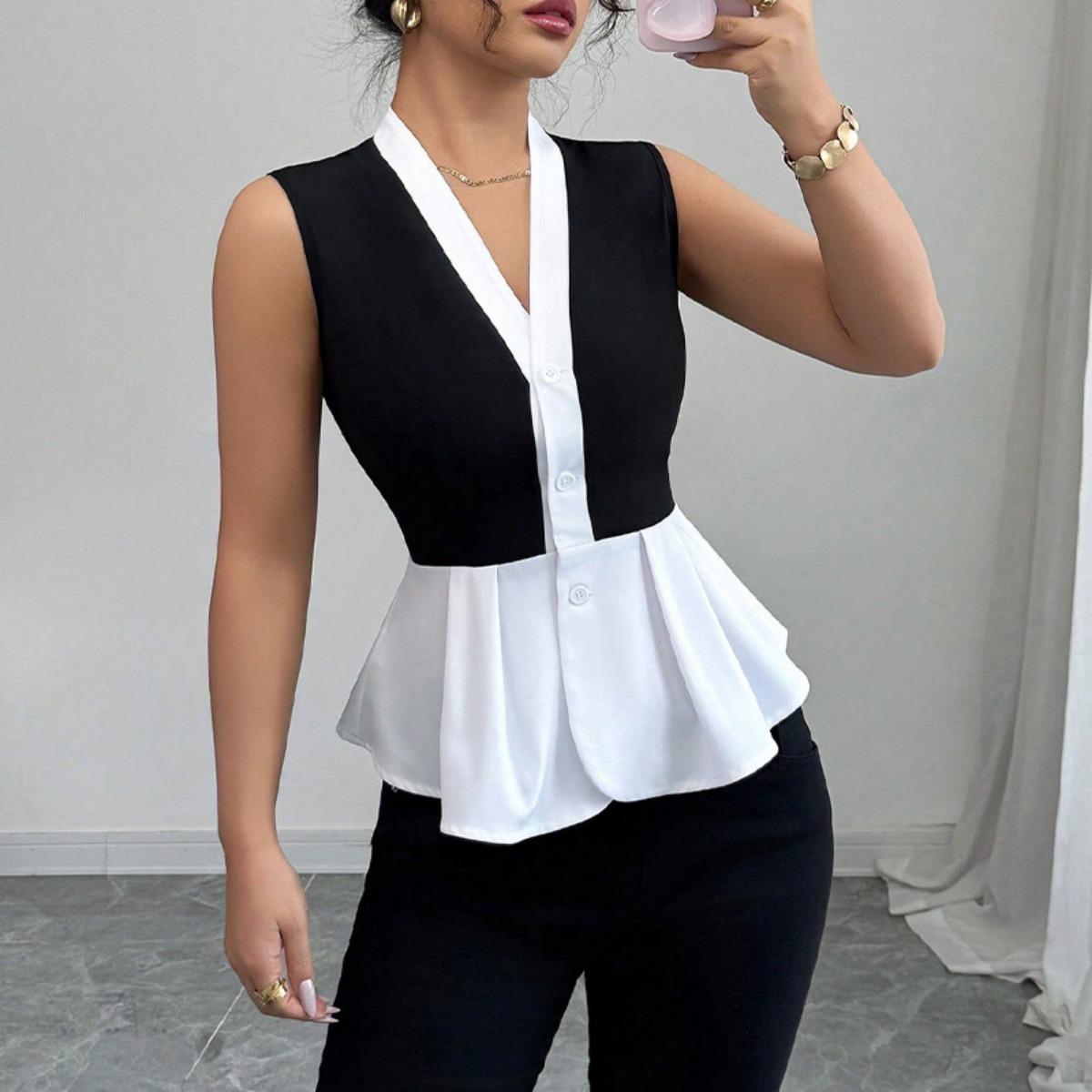 Summer New Women s Sleeveless Shirt, European American Commuter Style Fake Two-piece Cardigan Blouse for Cross-border Women S