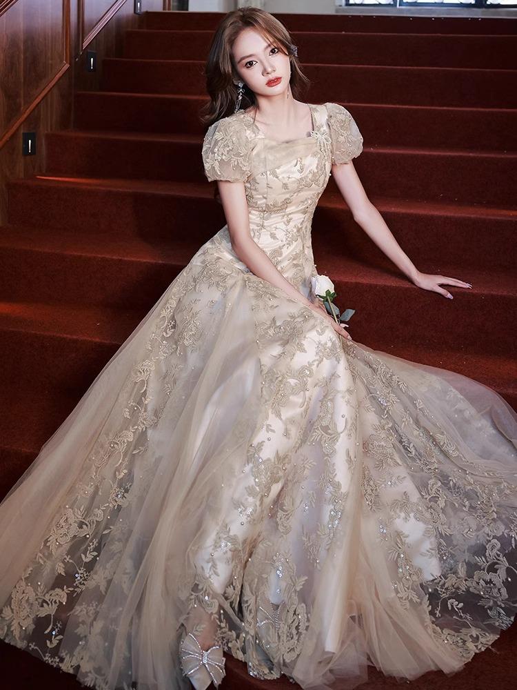 Banquet Evening Dress Women's 1011 New High-end Champagne Adult Dress Skirt Niche Host Art Test Performance