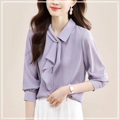 Chemise Simple et Mode à Manches Longues, Couleur Unie, Col à Ruban, Coupe Ample et Polyvalente, pour le Printemps et l'Automne, Style Mature et Léger pour le Travail