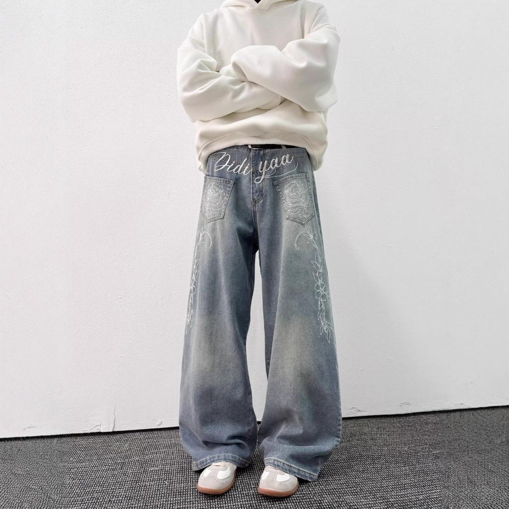 Vintage embroidered curved knife jeans for men and women, new autumn high street design loose, slimming straight-leg wide-leg pants
