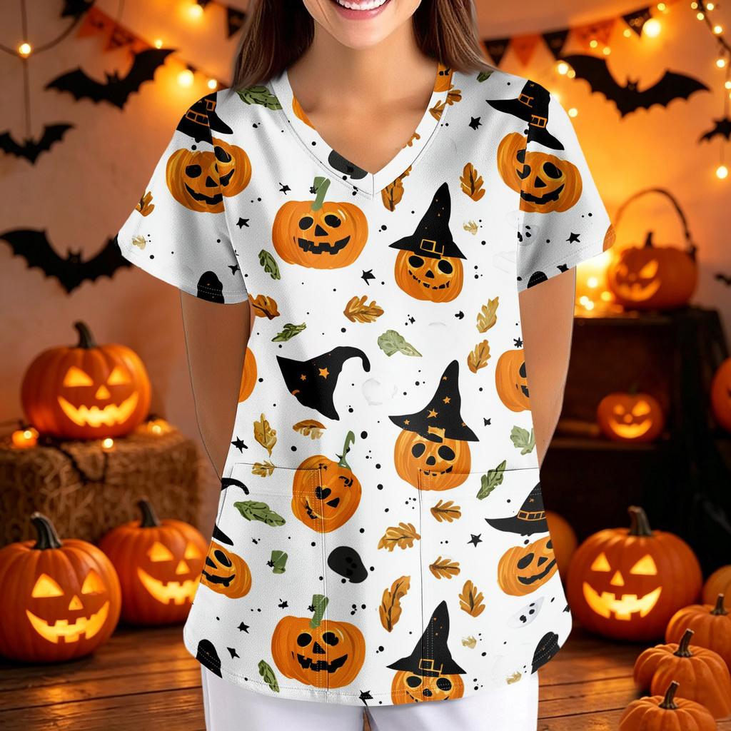 Loose Fit V Neck Short Sleeve Halloween Print Medical Scrub Top with Pockets for Women Nurses Caregivers Workwear