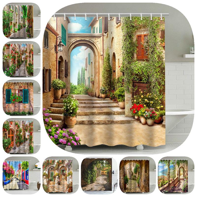 Pattern Landscape Bathroom Shower Curtain Waterproof Hook Bath Accessories Decor