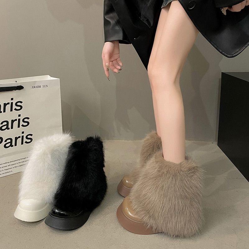 Hairy Shoes Women's Short Boots Fleece White Snow Boots Spring Platform Martin Boots