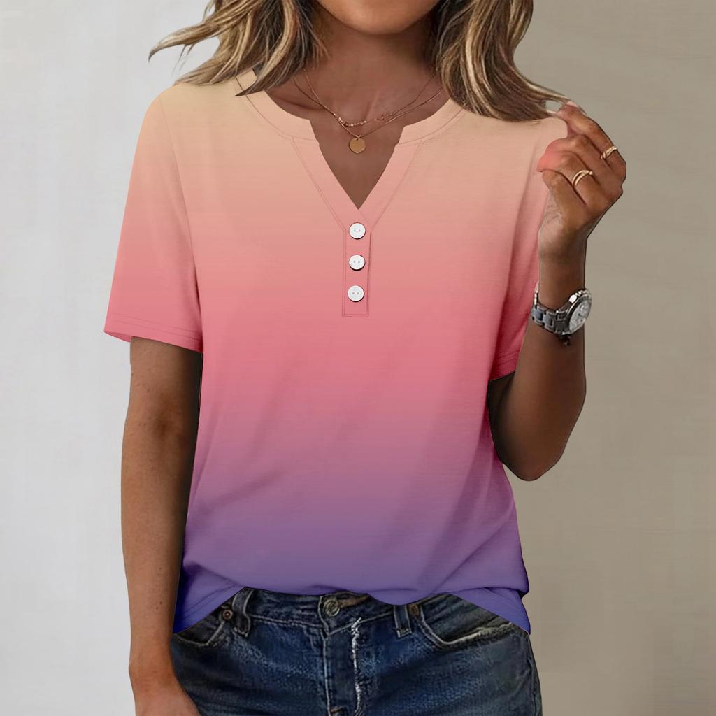 Women's Fashionable Casual Short-sleeved Gradient Printed V-neck Top