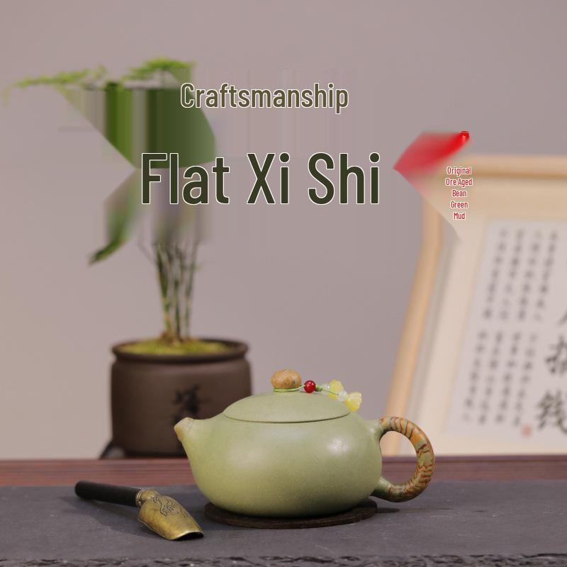 Handmade Yixing Zisha Aged Douqing Clay Flat Xishi Teapot Gift Set 240cc