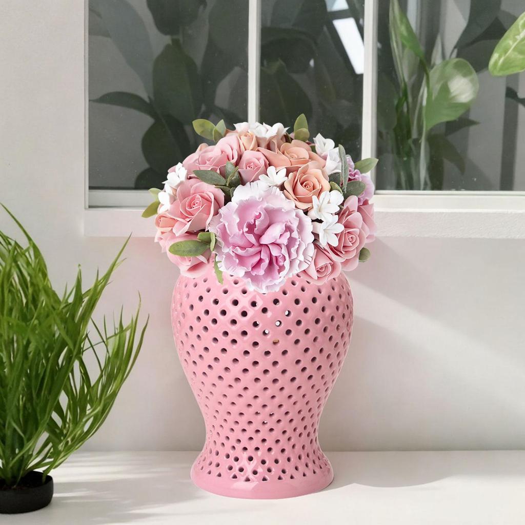 Porcelain Ginger Jar Hollow Out Temple with Lid Traditional Ceramic Vase 25cmx48cm