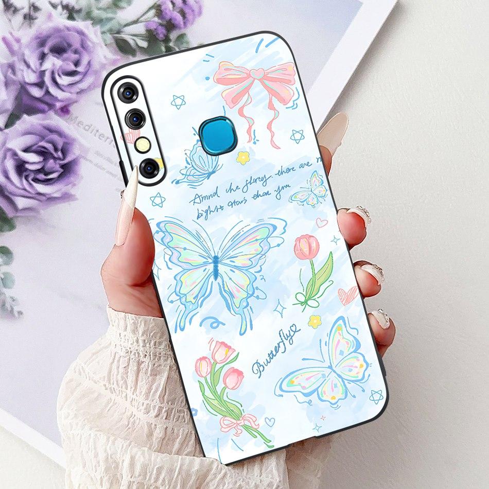 For Infinix Hot 8 Phone Case Hot 8 Lite Hot8 X650 X650C X650B X650D Elegant Floral Cat Pattern Black Silicone Soft TPU Cases