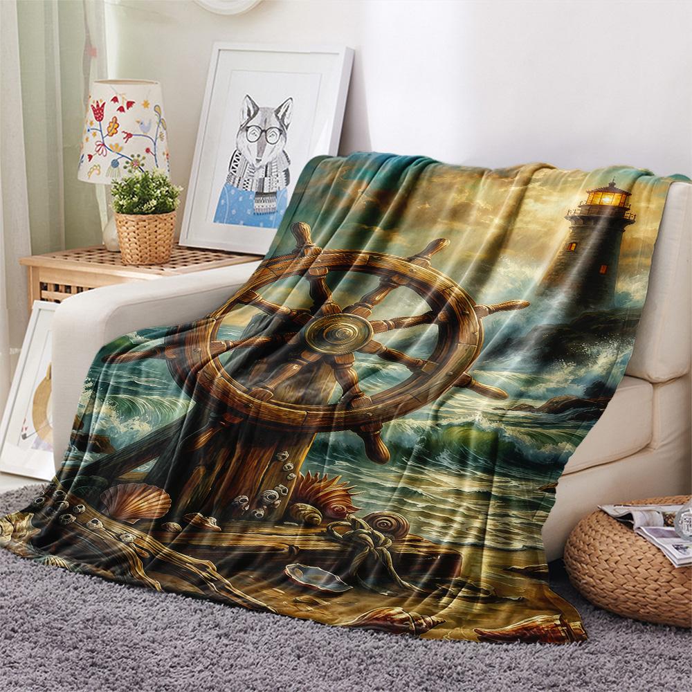 1PC Ships and seashells Print FlAannel Blanket, High quality Comfortable for All Seasons, Home Decor, Warmth and Comfort