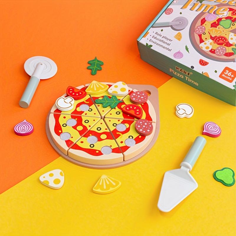 Wooden Pizza Playset with Mixed Color Slices and Kitchen Tools