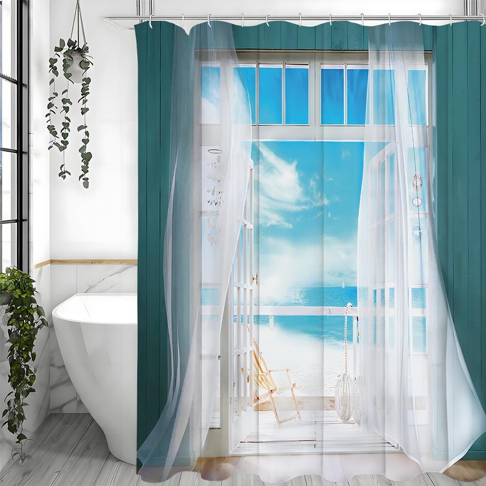 Ocean Beach Screen Shower Curtain, Bathroom Decorative Shower Curtain, Waterproof Shower Curtain with Hooks