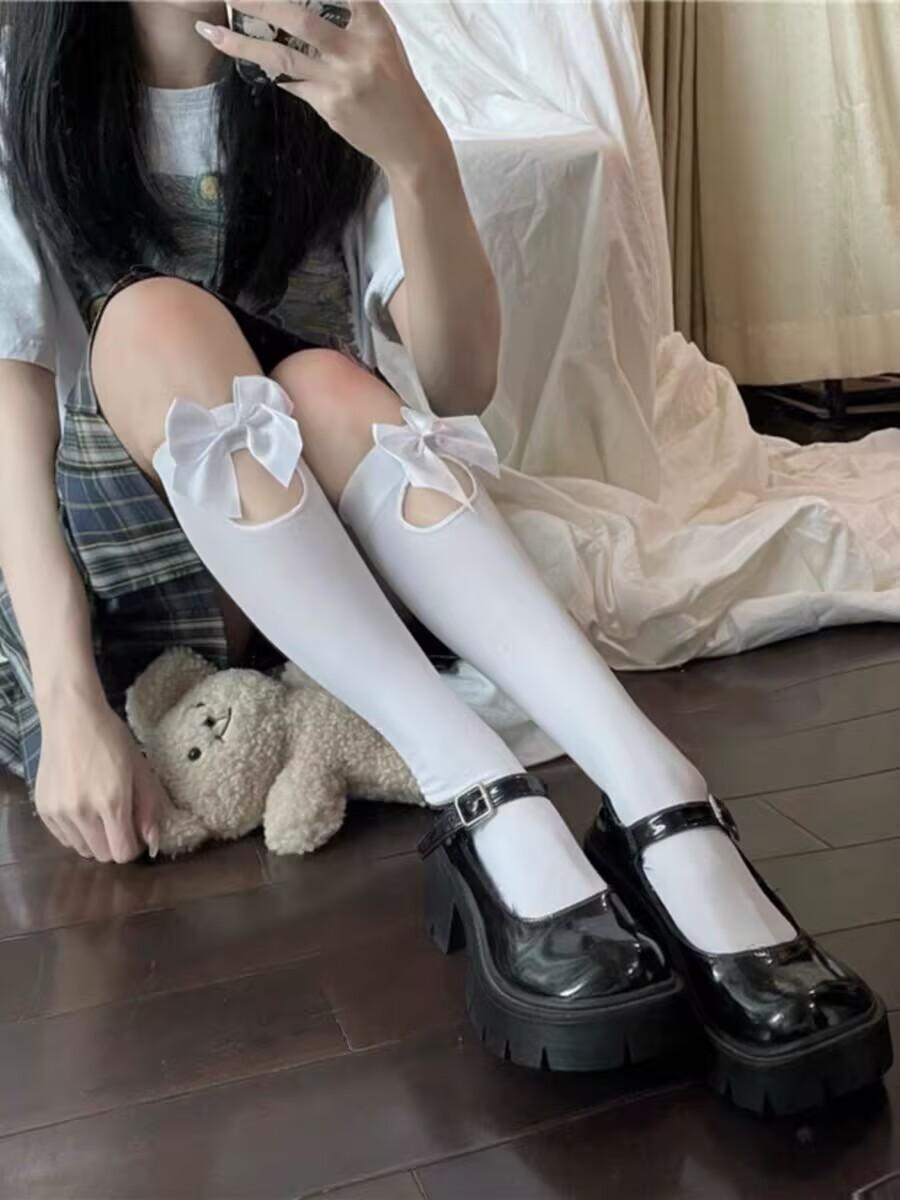 

Reversible Velvet JK Socks Mid-Calf Crew Socks for Girls Hollow Out Bow Black Japanese School Socks,Front Back Two Way Wear One Size білий