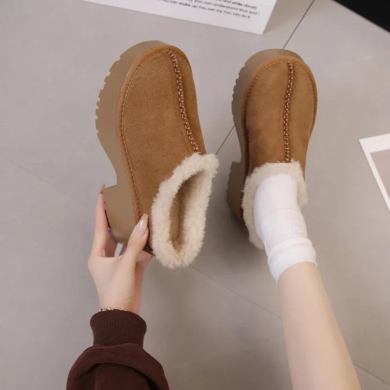 Winter Outside Modern Slippers Cow Suede High Heel 2024 High Quality Ladies Shoes Square Heel Solid Shallow Women's Slippers