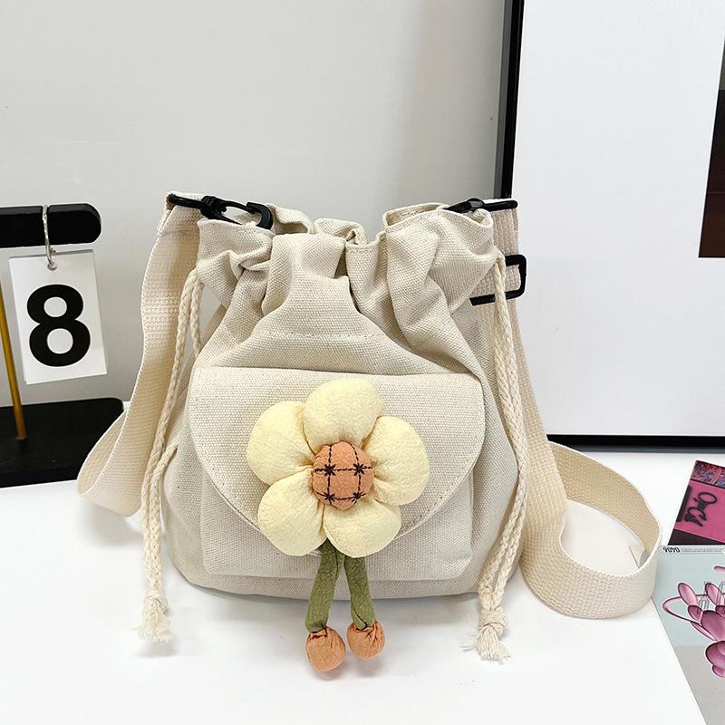 Casual Versatile Shoulder Bag Women's Bag Small Fresh Drawstring Bundle Bucket Bag Cute Flower Canvas Messenger Bag