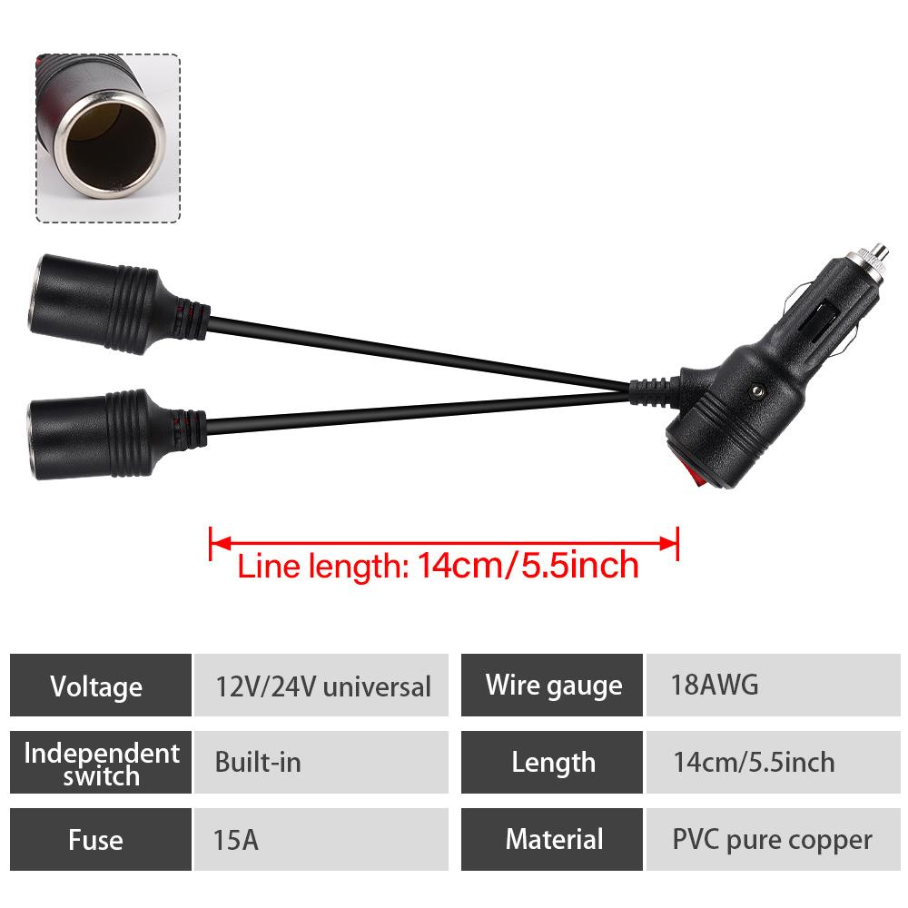 12V 24V Car Cigarette Lighter 1 Male to 2 Female Sockets Y Splitter Cigarette Lighter Splitter Adapter With On Off Switch