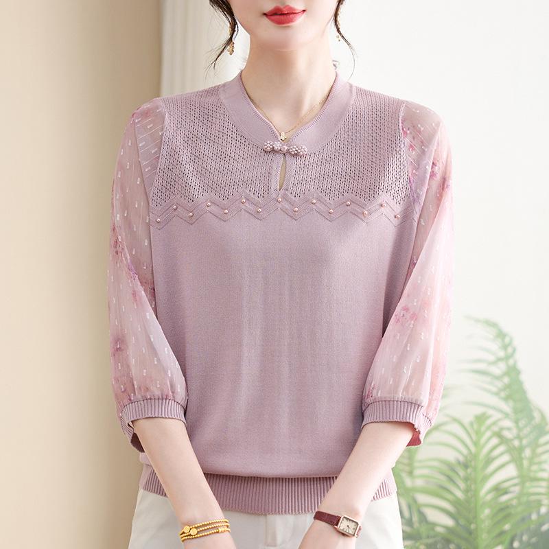 

Stylish Gauze Sleeve Knit Top for Young Mothers - Thin Summer 3/4 Sleeve T-shirt for Middle-aged & Elderly Women XL (for 90-105 jin) светло-фиолетовый