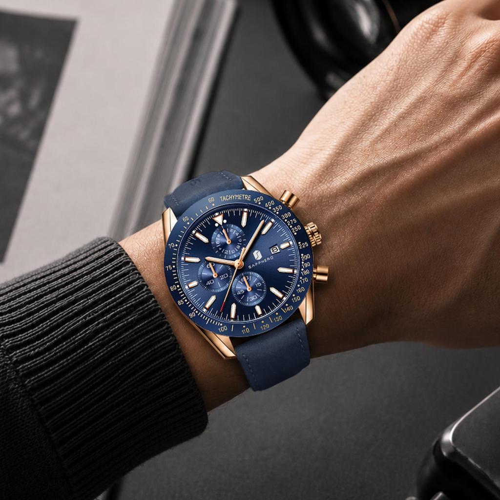 BENYAR Men's Quartz Chronograph Diver's Watch, Leather Strap, 3 ATM Water Resistance, Tachymeter