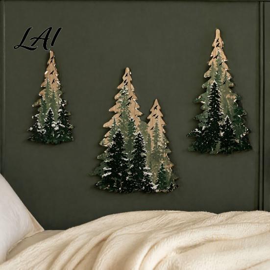DIY Wall Mounted Holiday Tree 3Pcs Wooden Christmas Decor Winter Snowy Pine Hanging Forest Decorations Sign Rustic Ornaments for Xmas Home