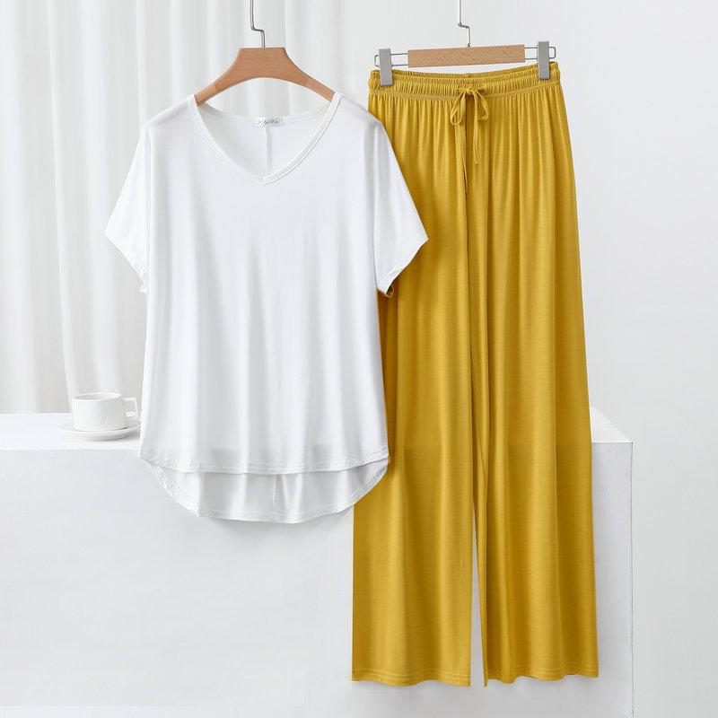 Summer Modal Homewear 2 Piece V-Neck Short Sleeve Tshirt and Wide Leg Pant Ankle Length Loose Sleepwear Set Comfort Pajama Sets