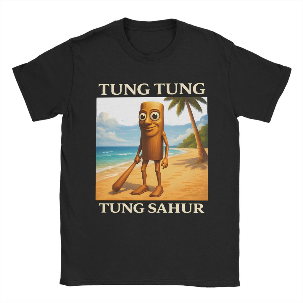 Kawaii Surreal Tung Tung Tung Sahur Beach Tshirts Unisex Oneck Short Sleeve Clothing Italian Brainrot Meme Cotton Summer Clothing