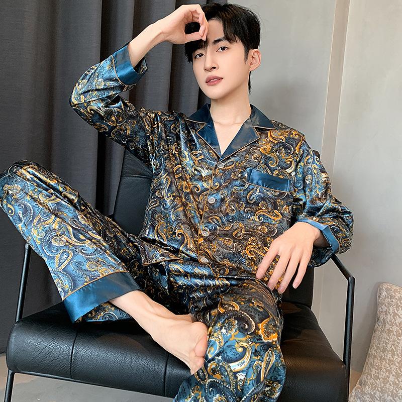 

Men s Pajamas Suit Spring Autumn Ice Silk Long Sleeved Cardigan Outdoor Satin Sleepwear Male Homeclothes Summer 3XL