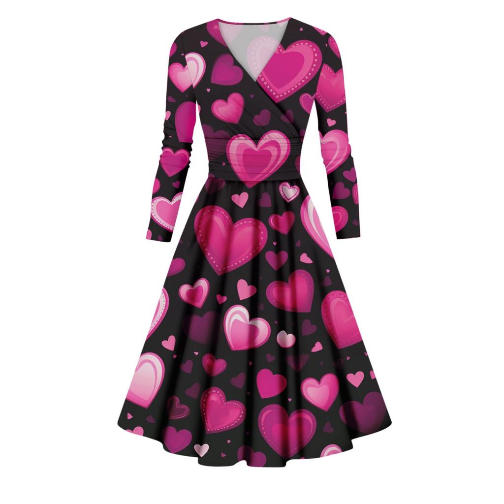 Women's Fashion Casual Valentine's Day Printed Long Sleeve V-Neck Sexy Dresses