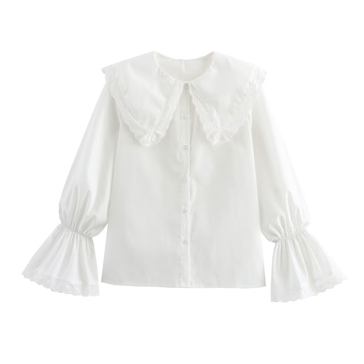 

2025 Spring Women s European & American Style Versatile Solid Color Lace Patchwork Shirt S белый