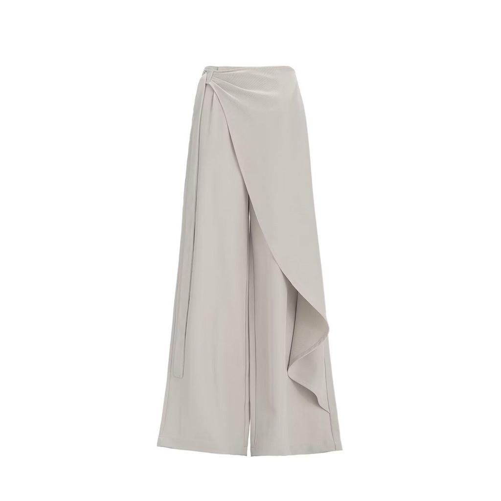 Women's Brown-Gray Wide-Leg Pants with Flowing Ribbons, 2026 New Style, Slimming, Good Drape, Casual Straight-Leg Suit Pants.