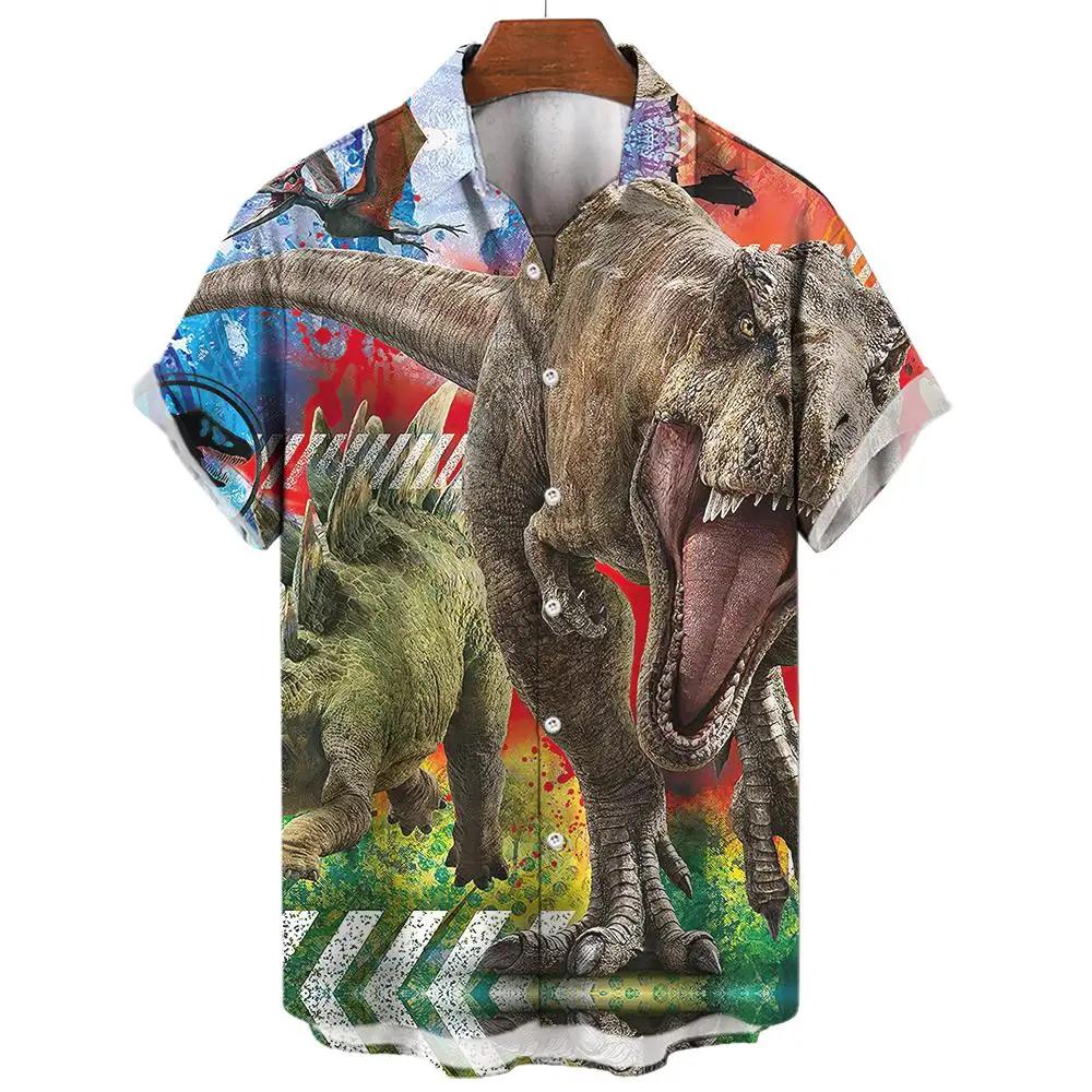 Dinosaur Skull & Tropical Leaf Print Short Sleeve Shirt, Casual Summer Top