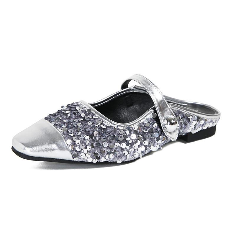 

Fashion silver glitter slippers women square toe outdoor slides shoes woman new summer shiny mules ankle strap party shoes big size 43 36 серебряный