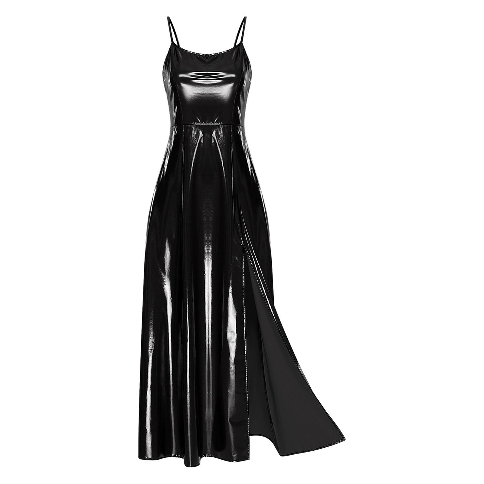 

Womens Gothic Punk PU Dress Sleeveless Side Slit Hem Back Lace Up Sling Dress Glossy Maxi Dress S чорний