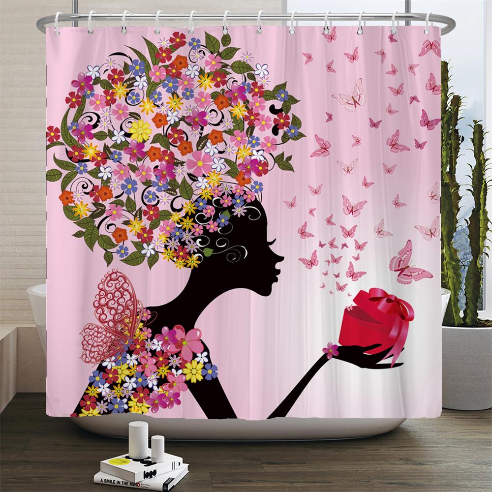 Butterfly Flower Girl Bathroom Curtain Polyester Waterproof Fabric Shower Curtain Valentine's Day Heart Pattern Bathtub Screen
