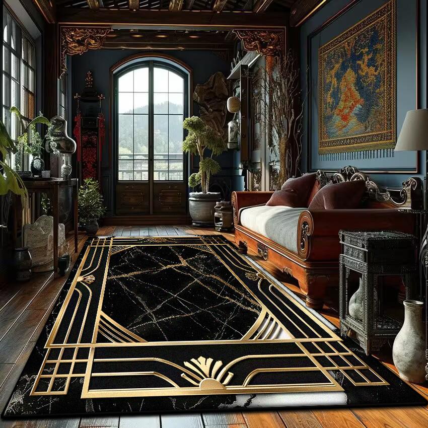 Modern Golden Frame Marble Carpet Luxury Lounge Rug Large Area Living Room Sofa Decoration Rug Bedroom Decor Bedside Floor Mat